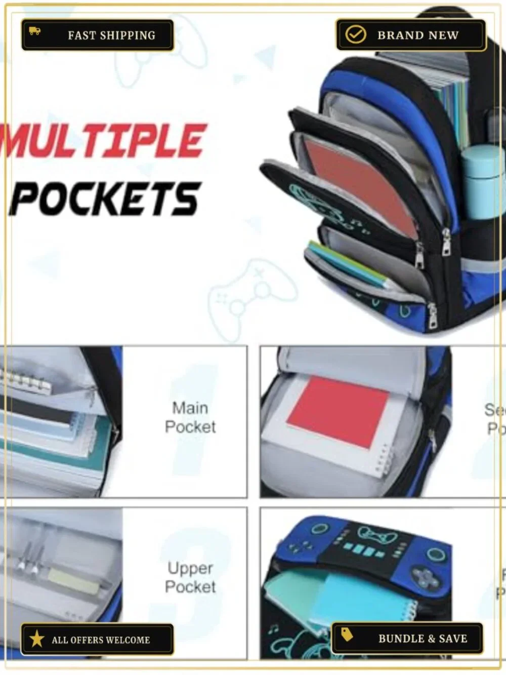 Luminous Gamer Backpack Set with Lunch Box & Pencil Case for Boys
